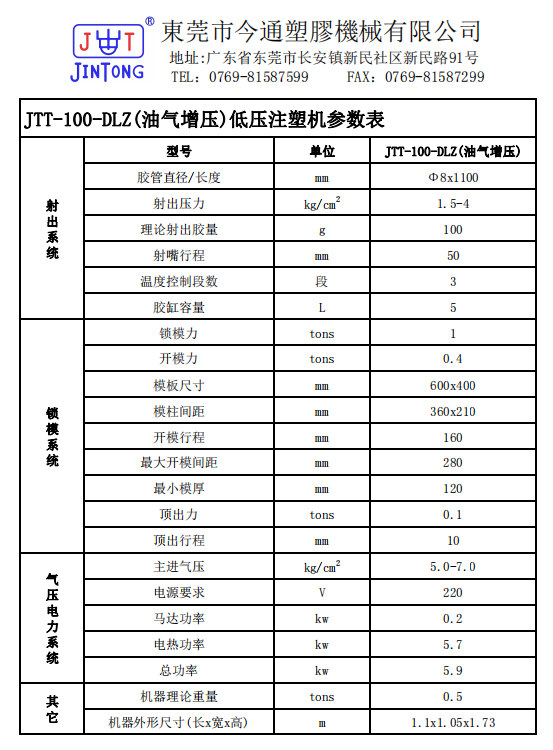 JTT-100-DLZ(油气增压)低压注塑机参数表 JTT-100-DLZ(油气增压)低压注塑机参数表